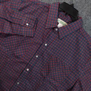 Haband Shirt Mens Large Tall‎ Red Blue Plaid Pearl Snap Western Yoke Pockets
